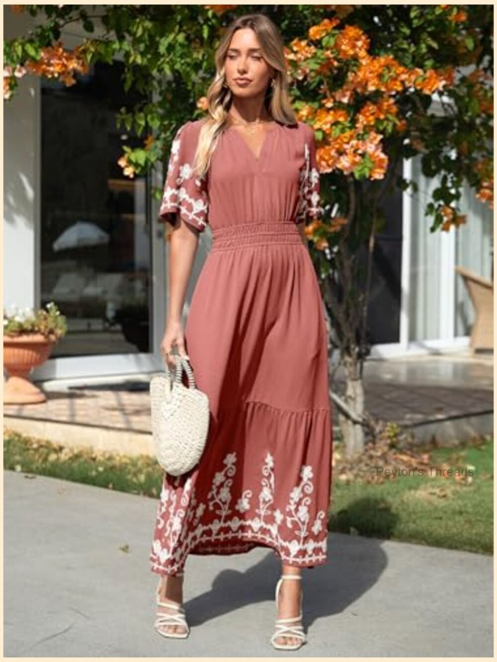 Women's Embroidered Floral Boho Maxi Dress V-Neck Short Sleeve A-Line - Picture 5 of 7